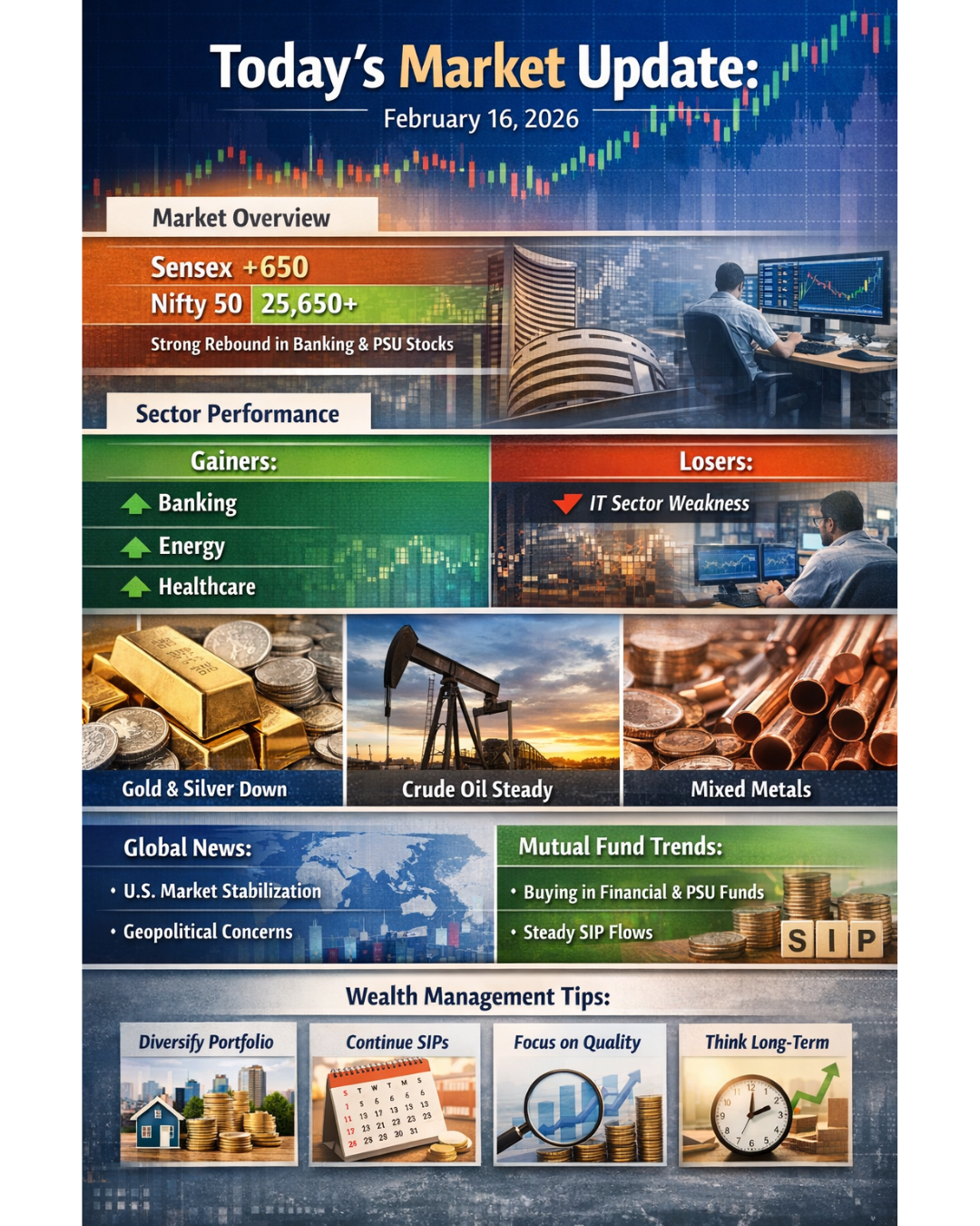 Today’s Market Update: Strong Closing Rally, Sector Performance, Commodities & Global Impact – 16 February 2026